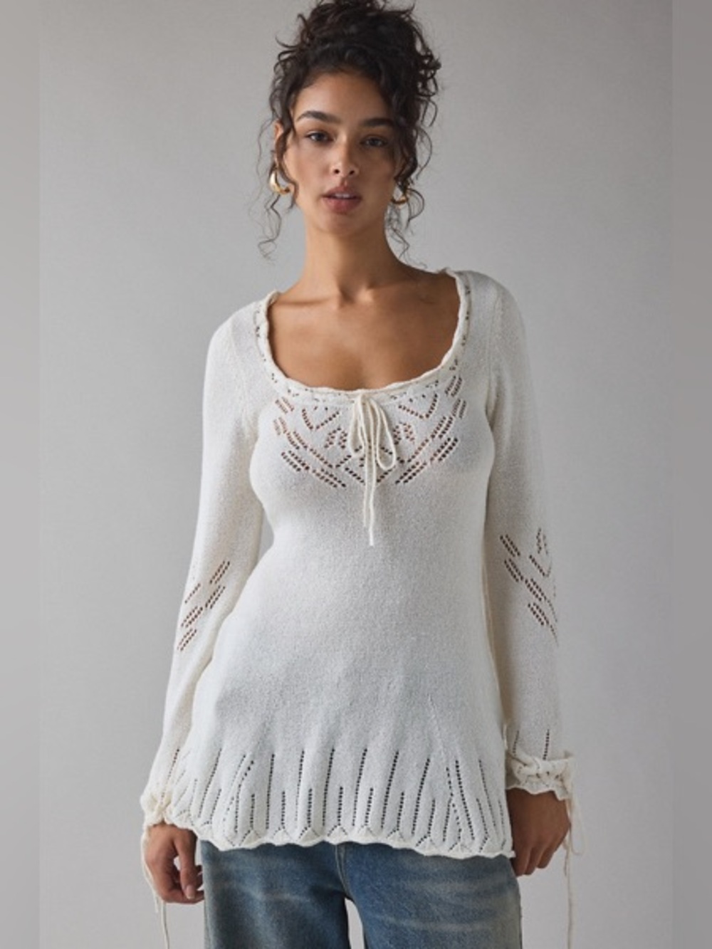 Kimchi Blue Catherine Pointelle Babydoll Tunic knit size Large white/Cream